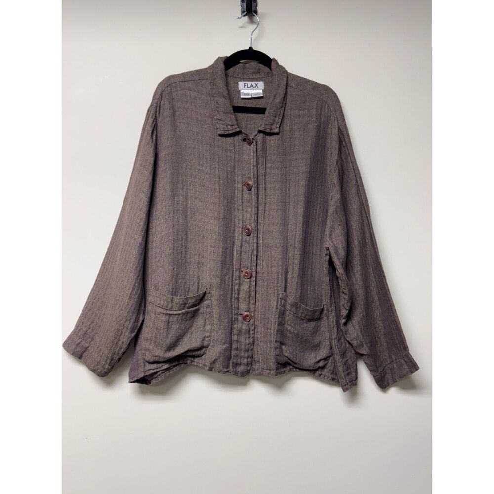 FLAX 100% Linen Brown Herringbone Design Long Sleeve Shirt/Jacket, Sz L